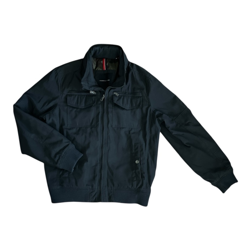 Tommy Hilfiger Performance Bomber Jacket Men L Navy Blue 6-Pocket Hooded